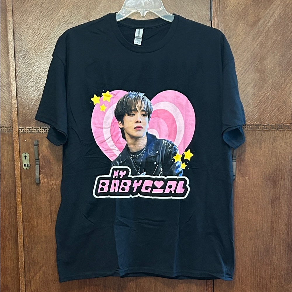 Black t-shirt graphic of Jeong Yunho from the K-pop group ATEEZ "MY BABYGYRL"